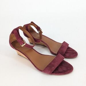 Tory Burch Savannah Suede Cork Wedge Purple 8.5 open toe summer preppy casual
